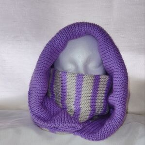 Purple and Beige Striped Knit Hooded Cowl